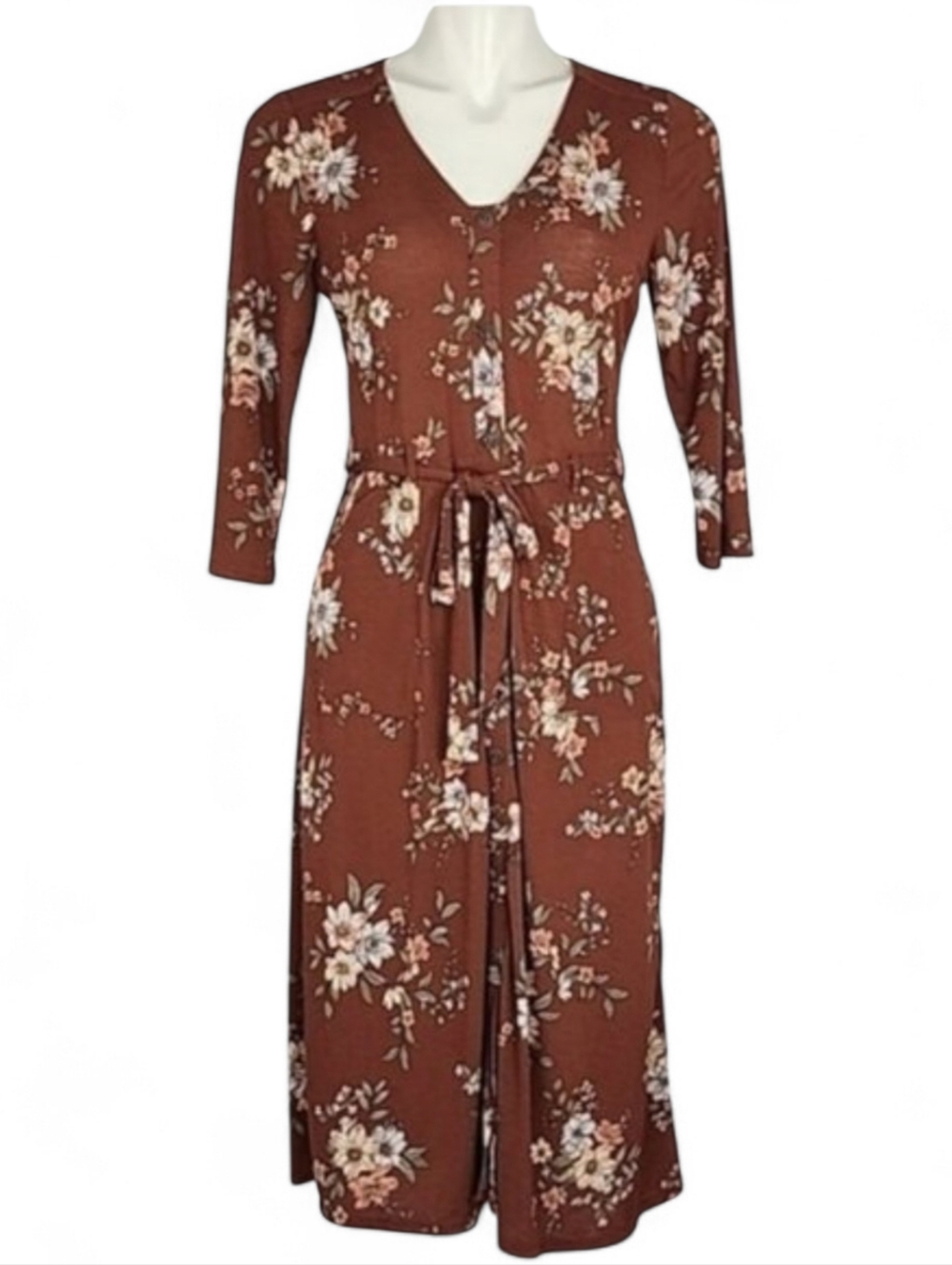 Monteau Los Angeles Women's Button Down Midi Dress 3/4 Sleeves Brown Floral S